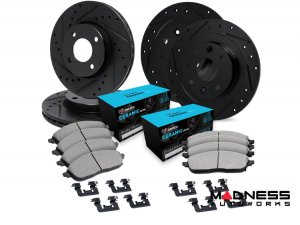Mazda Miata MX-5 Brake Kit - Front + Rear - R1 Concepts - Ceramic Brake Pads - eLINE Black Drilled + Slotted Rotors with Brembo Brakes Mazda Miata MX-5 Brake Kit - Front + Rear - R1 Concepts - Ceramic Brake Pads - eLINE Black Drilled + Slotted Rotors with Brembo Brakes